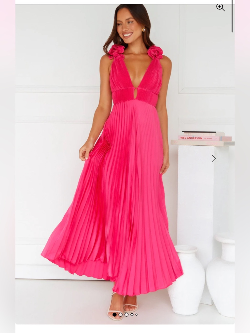 Hello Molly Hot Pink Pleated V-Neck Maxi Dress with Floral Straps